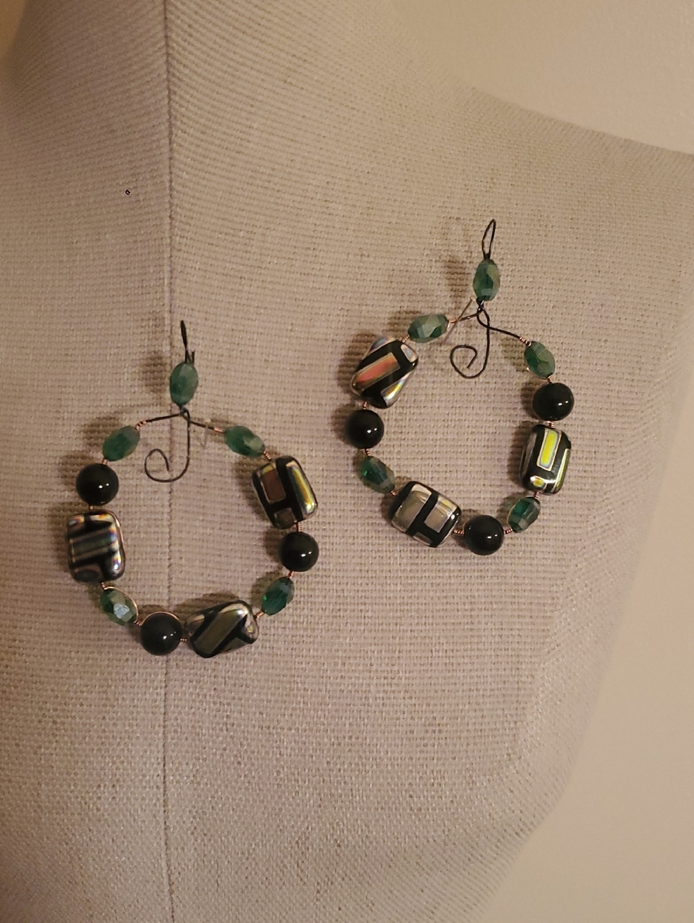 Green Bead and Iridescent Hoop Earrings - Women's Jewelry